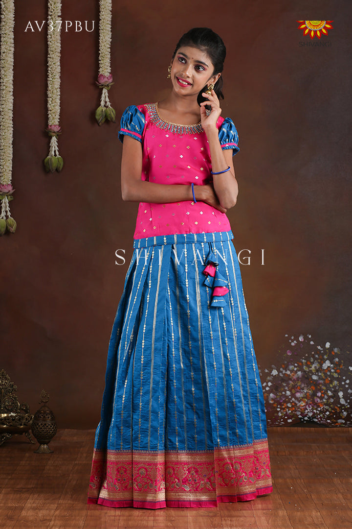 Blue and pink pavadai sattai blouse model for kids online