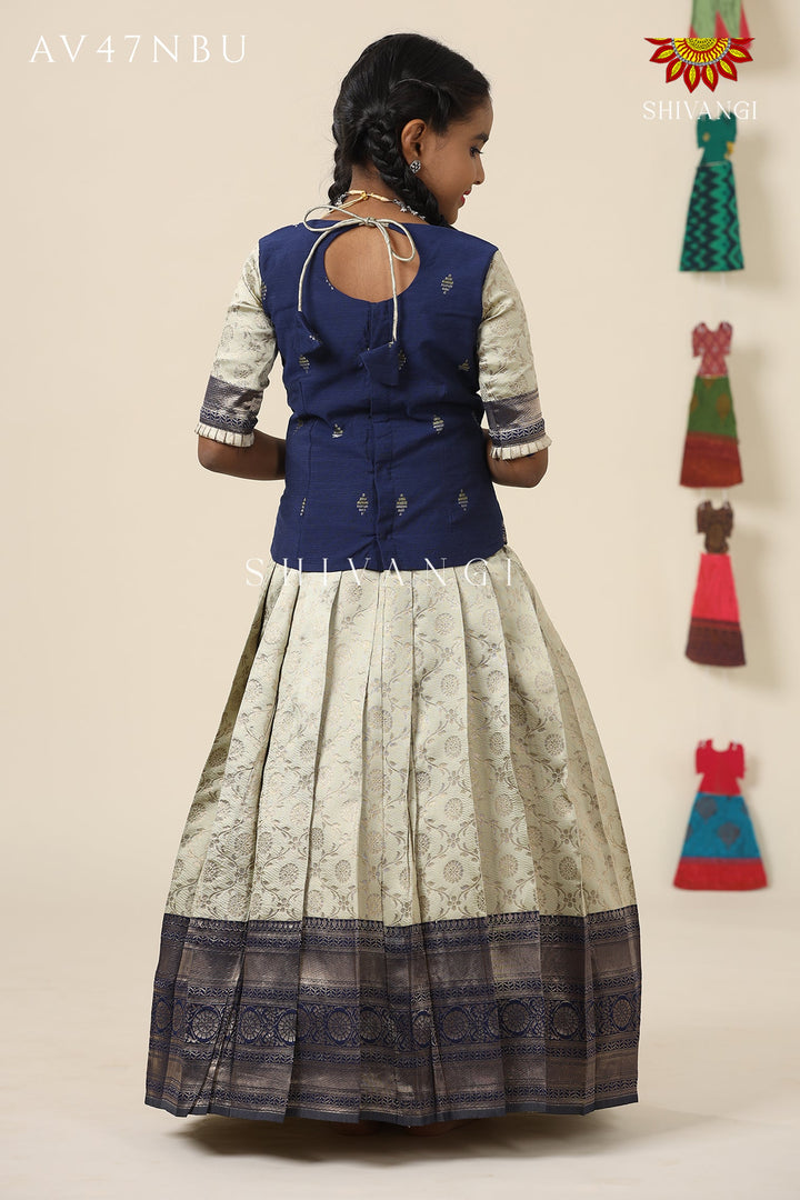 Festive Collection -Navy Blue Banras Mughal Pattu Pavadai  For Girls !!