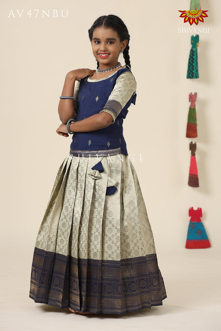 Festive Collection -Navy Blue Banras Mughal Pattu Pavadai  For Girls !!