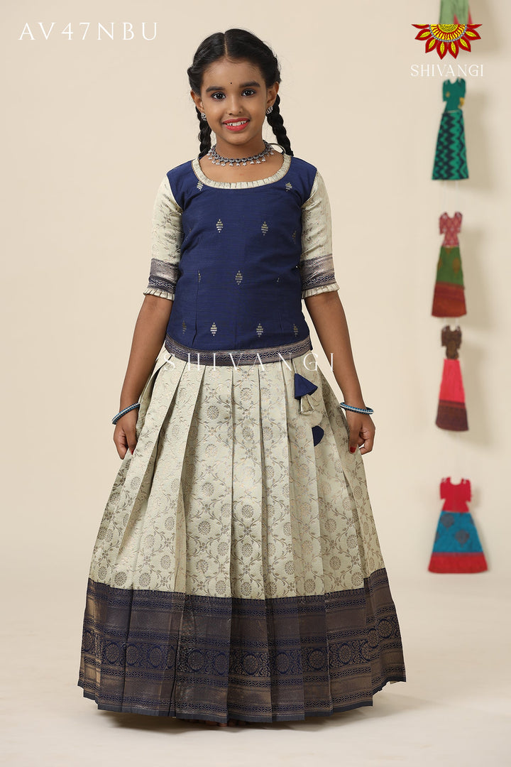 Festive Collection -Navy Blue Banras Mughal Pattu Pavadai  For Girls !!