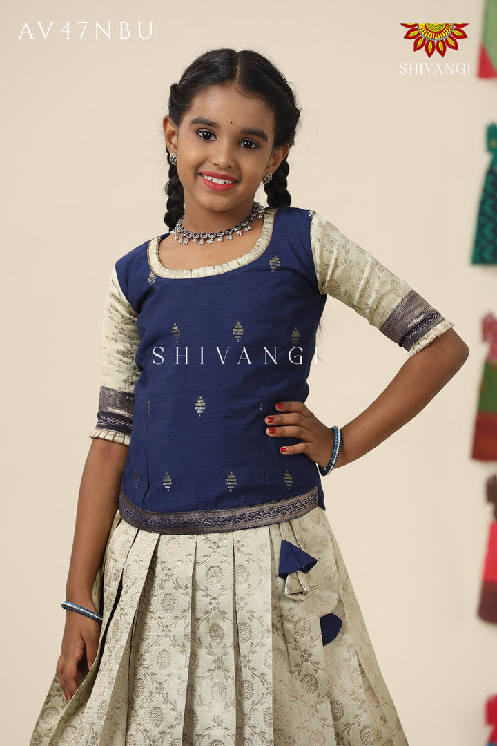 Festive Collection -Navy Blue Banras Mughal Pattu Pavadai  For Girls !!