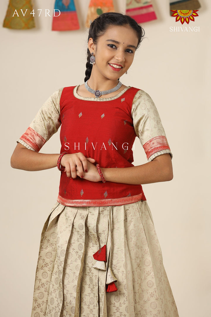 Festive Collection - Red Banaras Mughal Pattu Pavadai  For Girls !!