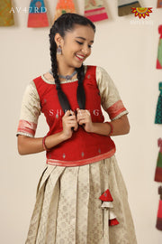 Festive Collection - Red Banaras Mughal Pattu Pavadai  For Girls !!