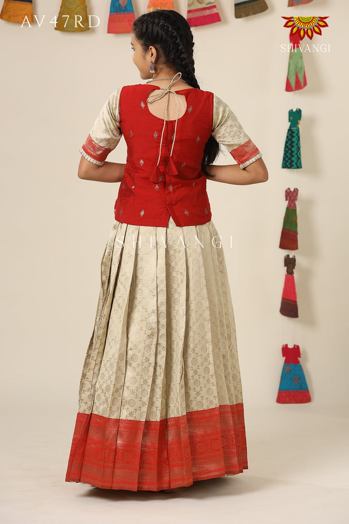 Festive Collection - Red Banaras Mughal Pattu Pavadai  For Girls !!
