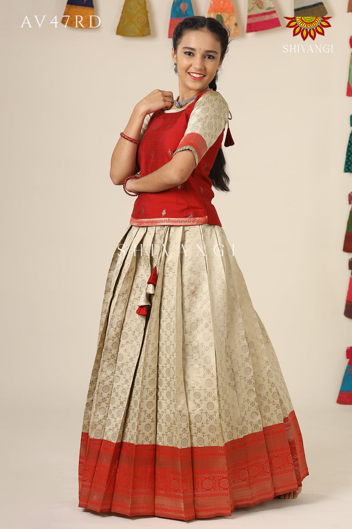 Festive Collection - Red Banaras Mughal Pattu Pavadai  For Girls !!