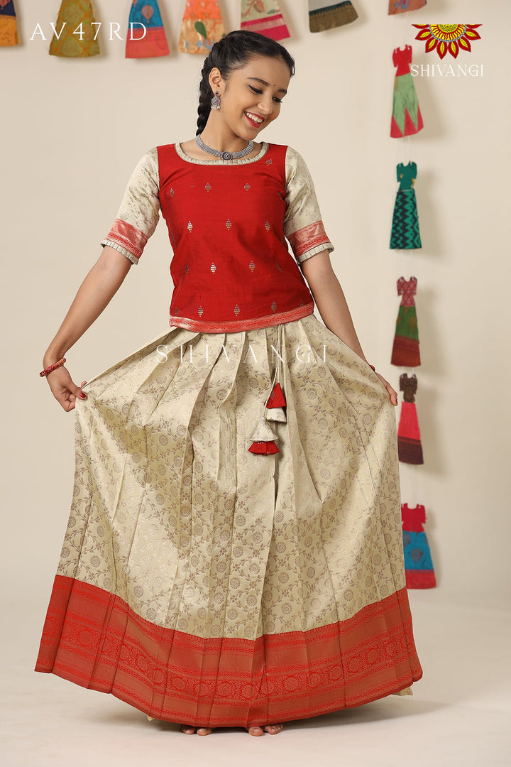 Festive Collection - Red Banaras Mughal Pattu Pavadai  For Girls !!