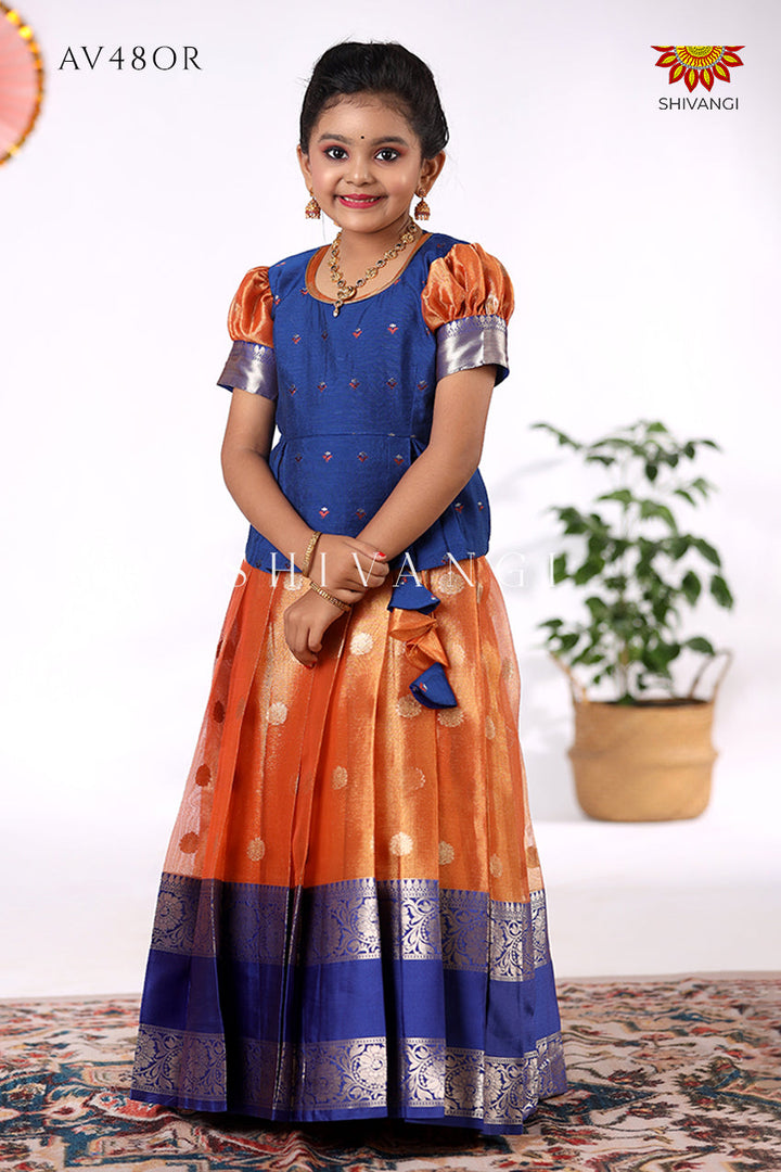 Orange Tissue Jega Pattu Pavadai For Kids