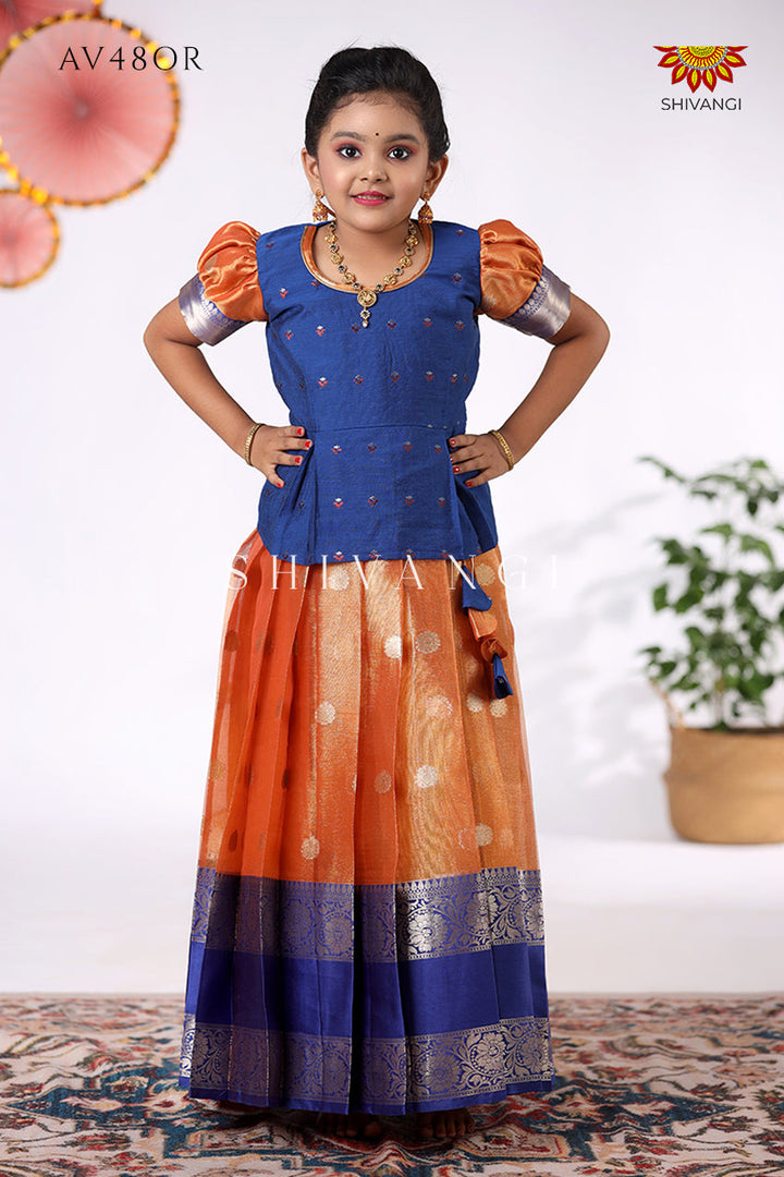 Orange Tissue Jega Pattu Pavadai For Kids