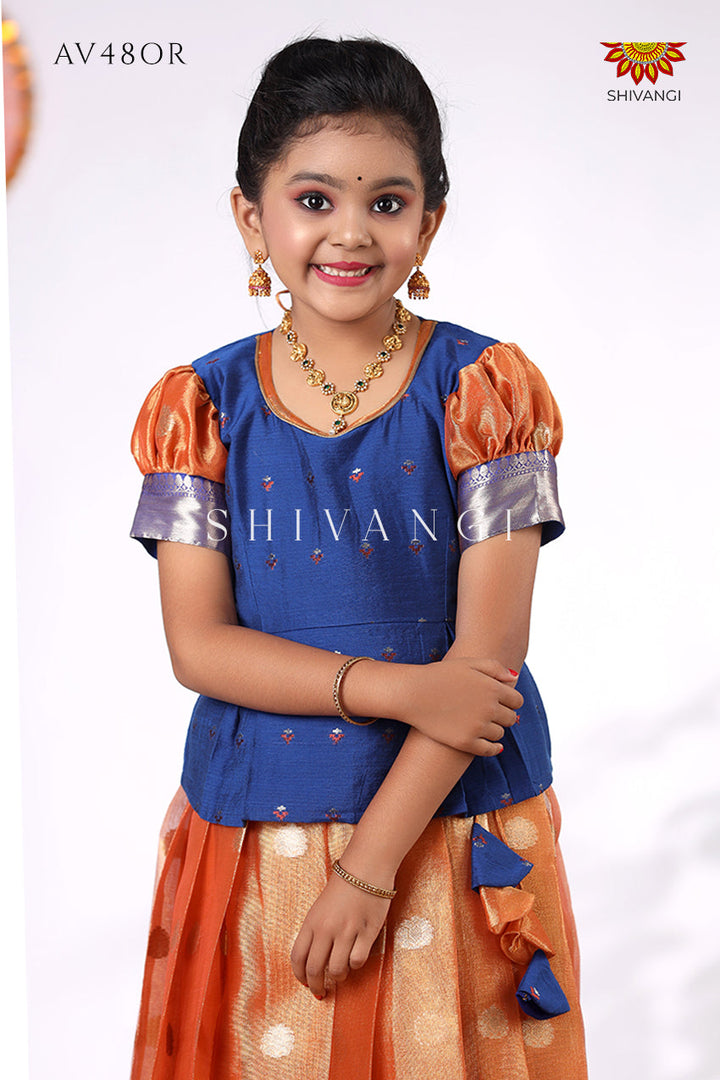 Orange Tissue Jega Pattu Pavadai For Kids