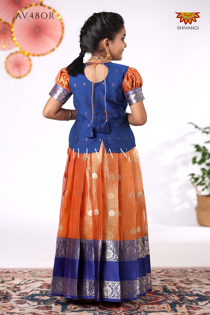 Orange Tissue Jega Pattu Pavadai For Kids