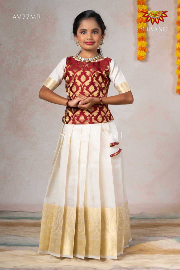 Onam Collection - Maroon Onam Floral Mughal Pattu Pavadai