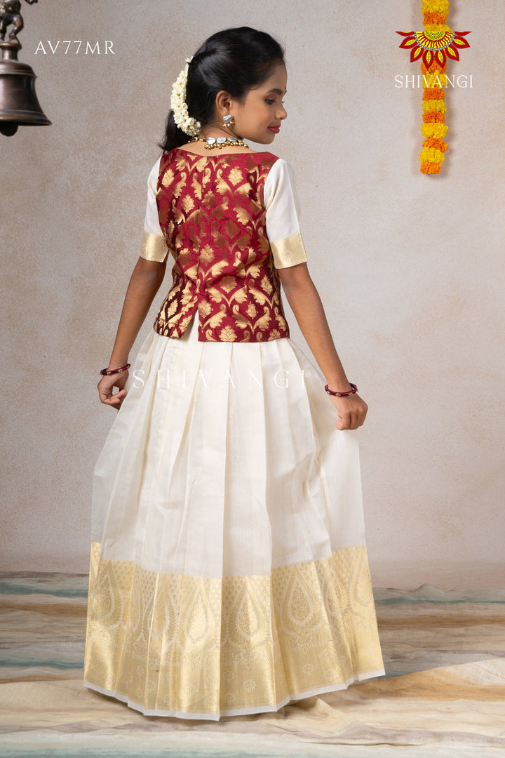 Onam Collection - Maroon Onam Floral Mughal Pattu Pavadai