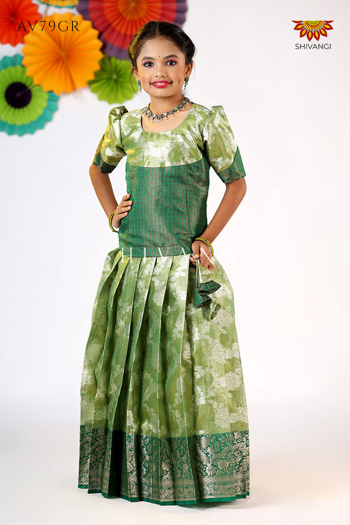 Green Silver Poppy Pattu Pavadai For Girls - Festive Wear!!!