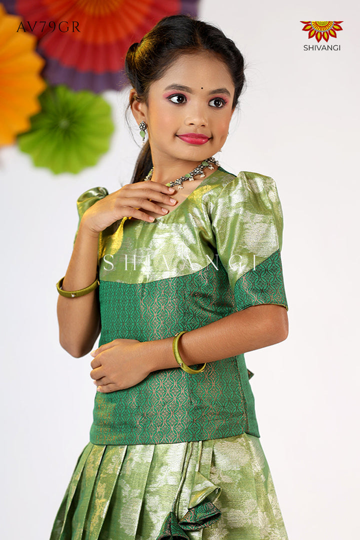Green Silver Poppy Pattu Pavadai For Girls - Festive Wear!!!