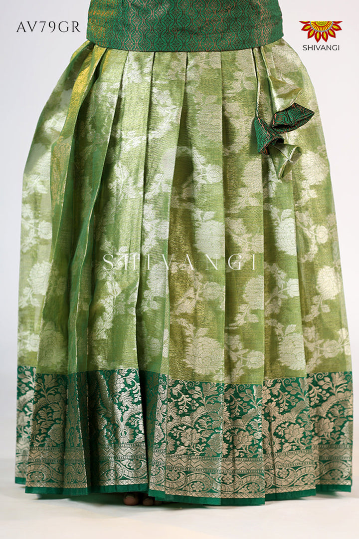 Green Silver Poppy Pattu Pavadai For Girls - Festive Wear!!!