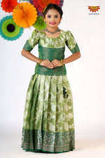 Green Silver Poppy Pattu Pavadai For Girls - Festive Wear!!!