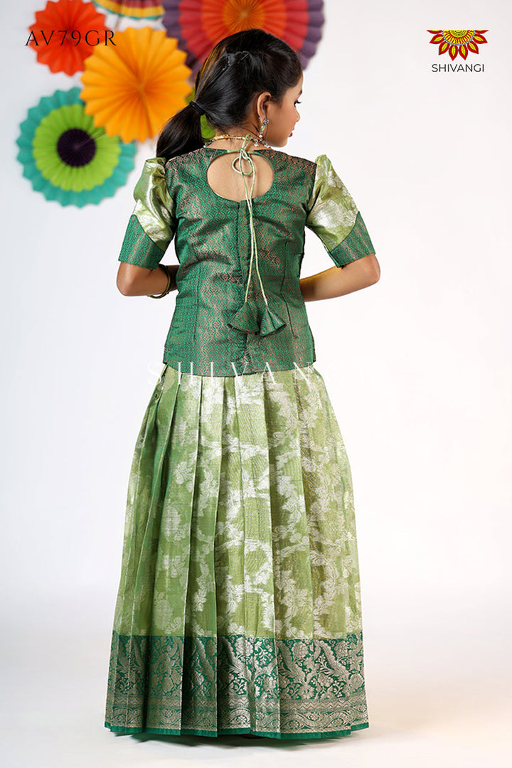 Green Silver Poppy Pattu Pavadai For Girls - Festive Wear!!!