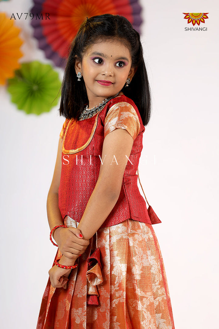 Red Silver Poppy Pattu Pavadai For Girls - Festive Wear!!!  Quick overview