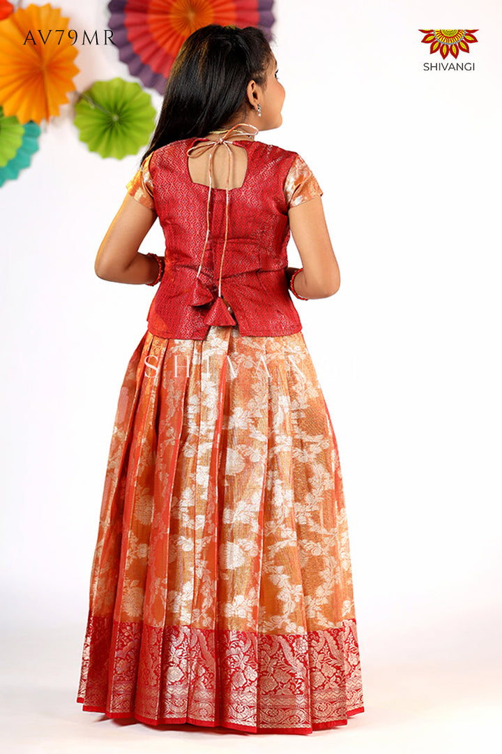 Red Silver Poppy Pattu Pavadai For Girls - Festive Wear!!!  Quick overview