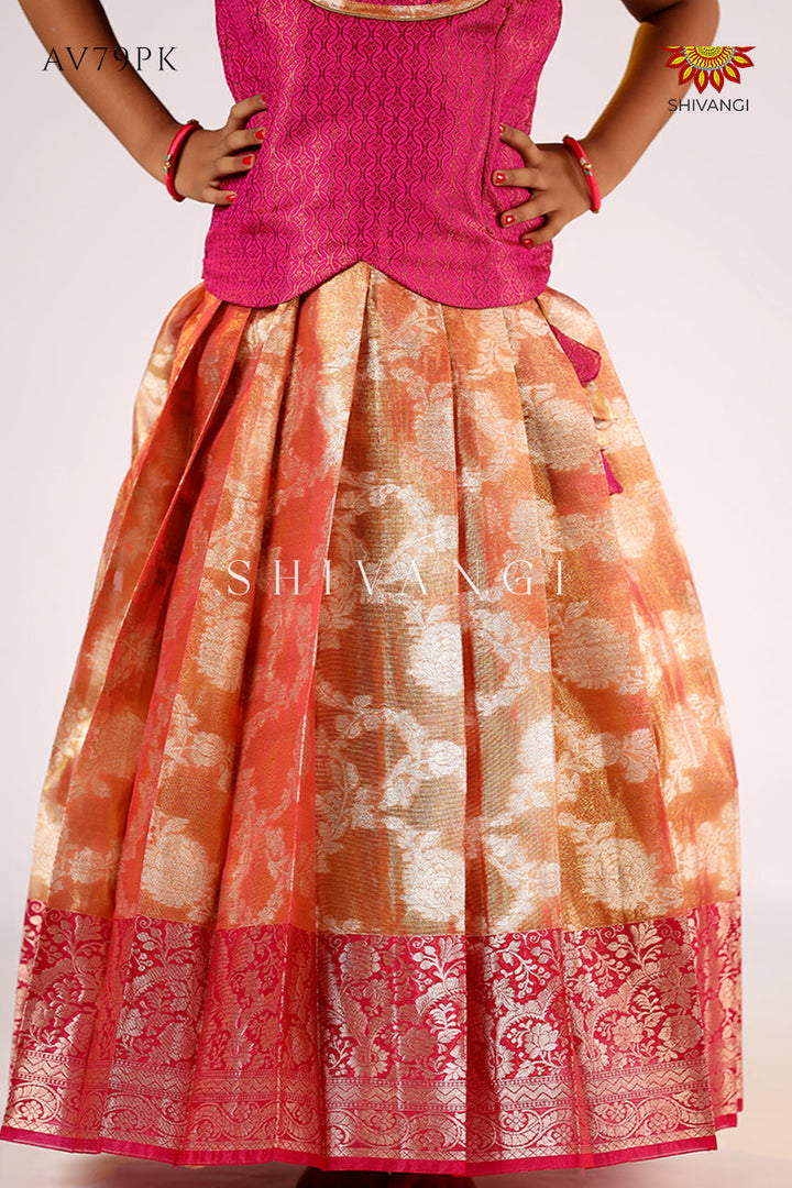 Pink Silver Poppy Pattu Pavadai For Girls - Festive Wear!!!