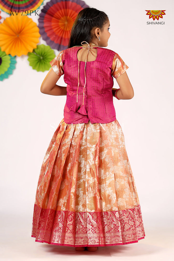 Pink Silver Poppy Pattu Pavadai For Girls - Festive Wear!!!