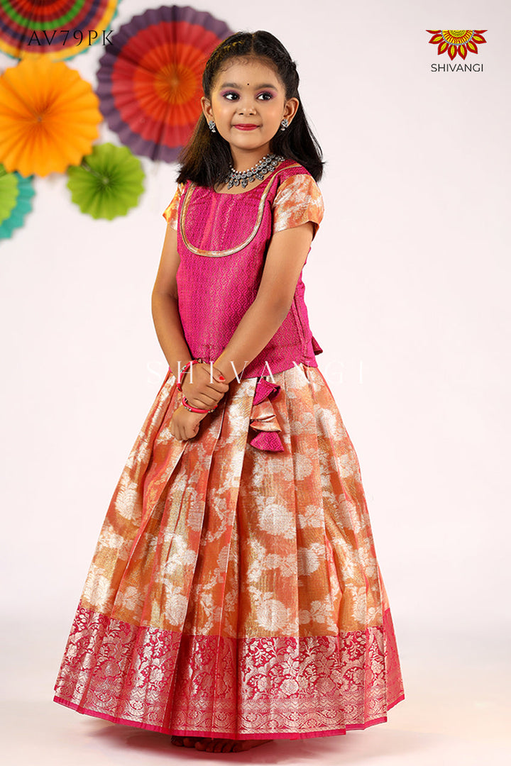 Pink Silver Poppy Pattu Pavadai For Girls - Festive Wear!!!