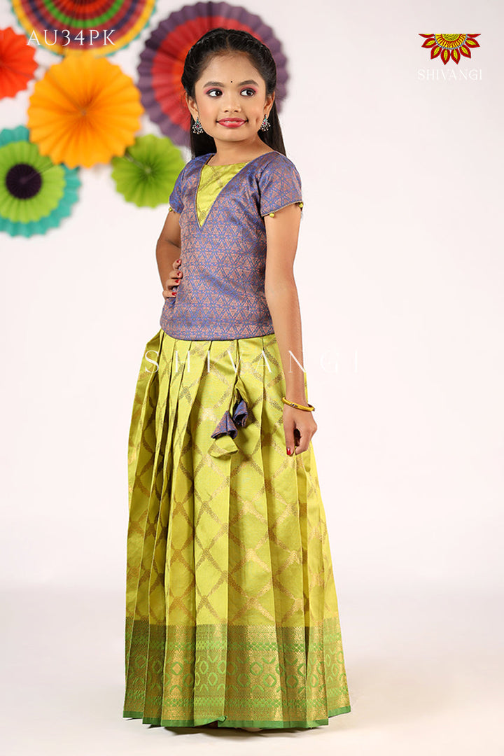 Green Golden vector Pattu Pavadi For Girls !!!
