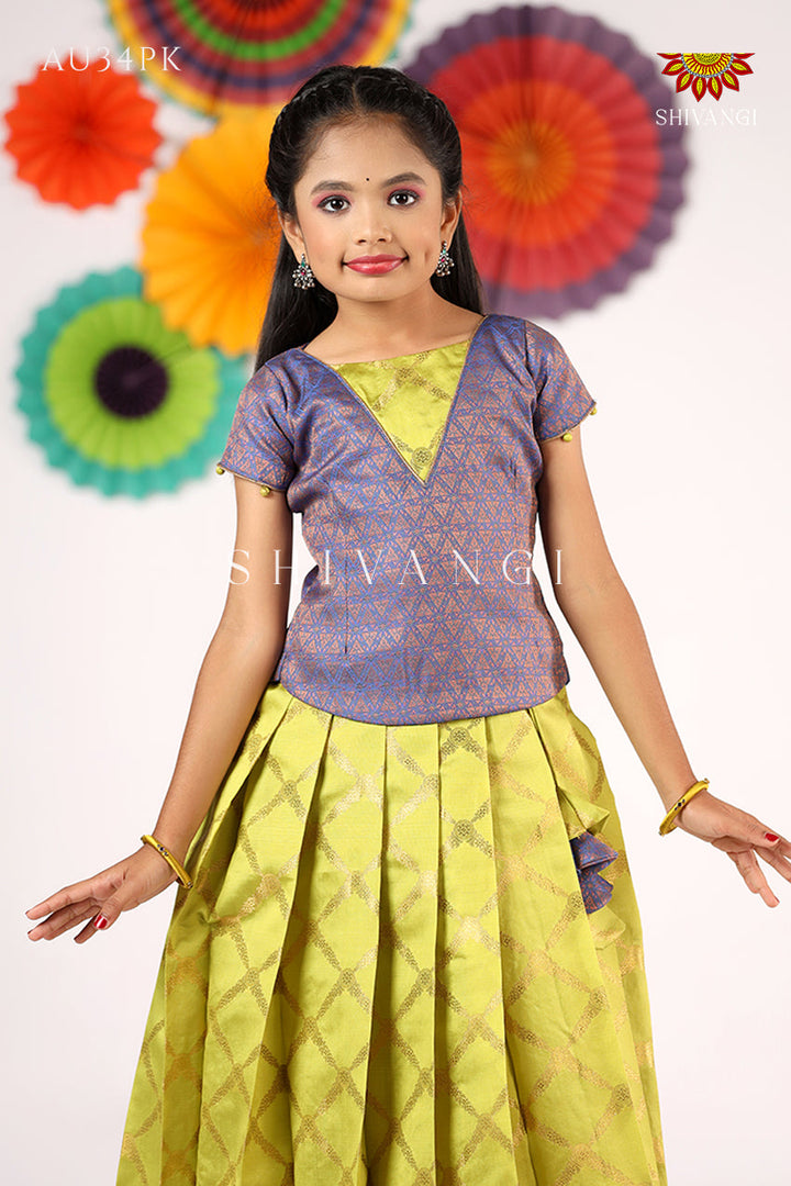 Green Golden vector Pattu Pavadi For Girls !!!