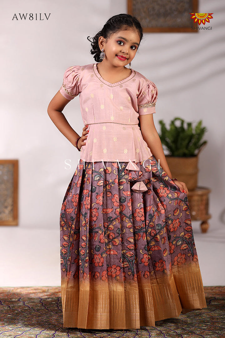 Girls Kalamkari Leaf Pavadai Sattai in Lavender- Festive Wear