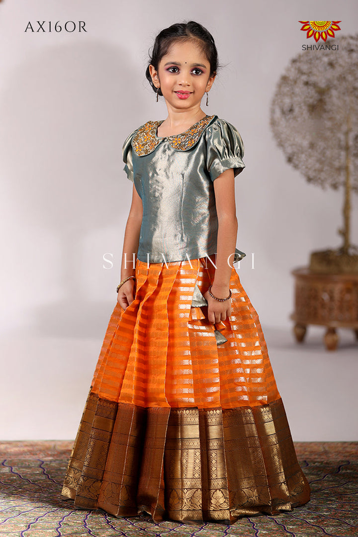Orange Golden Pillar Pattu Pavadai Diwali Collection for Girls