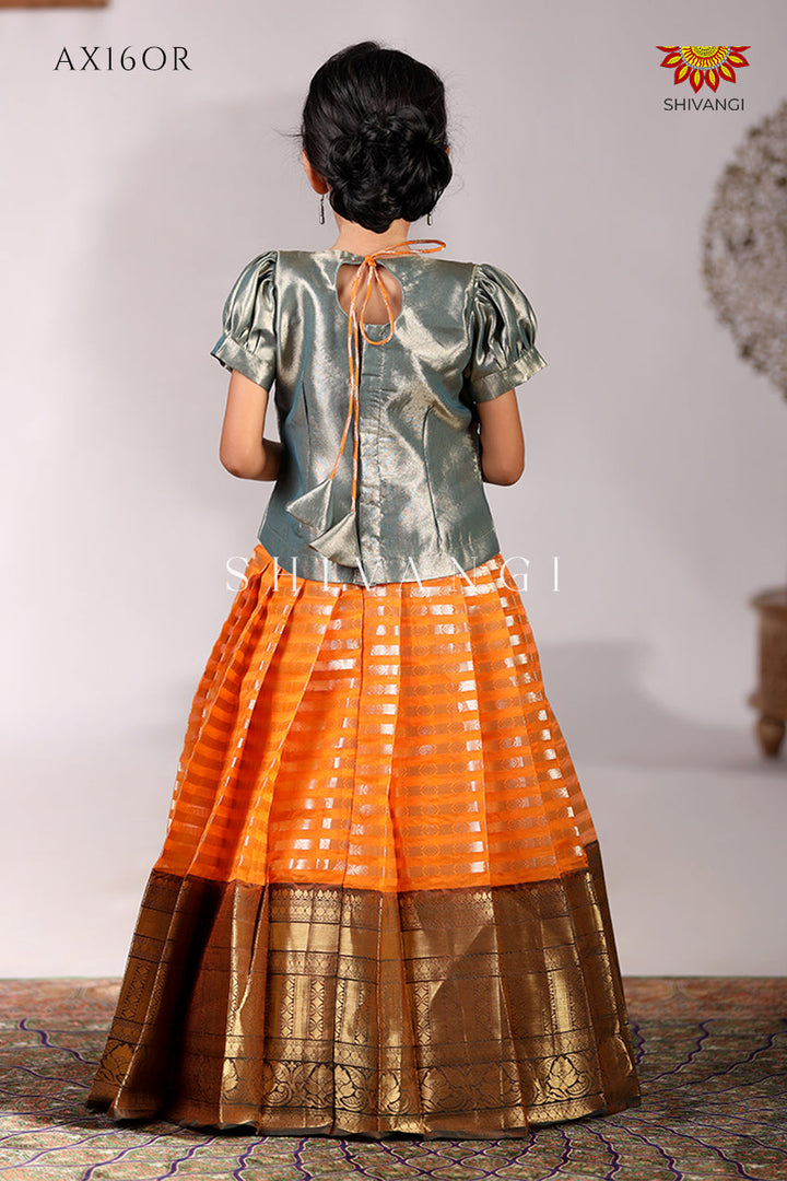 Orange Golden Pillar Pattu Pavadai Diwali Collection for Girls