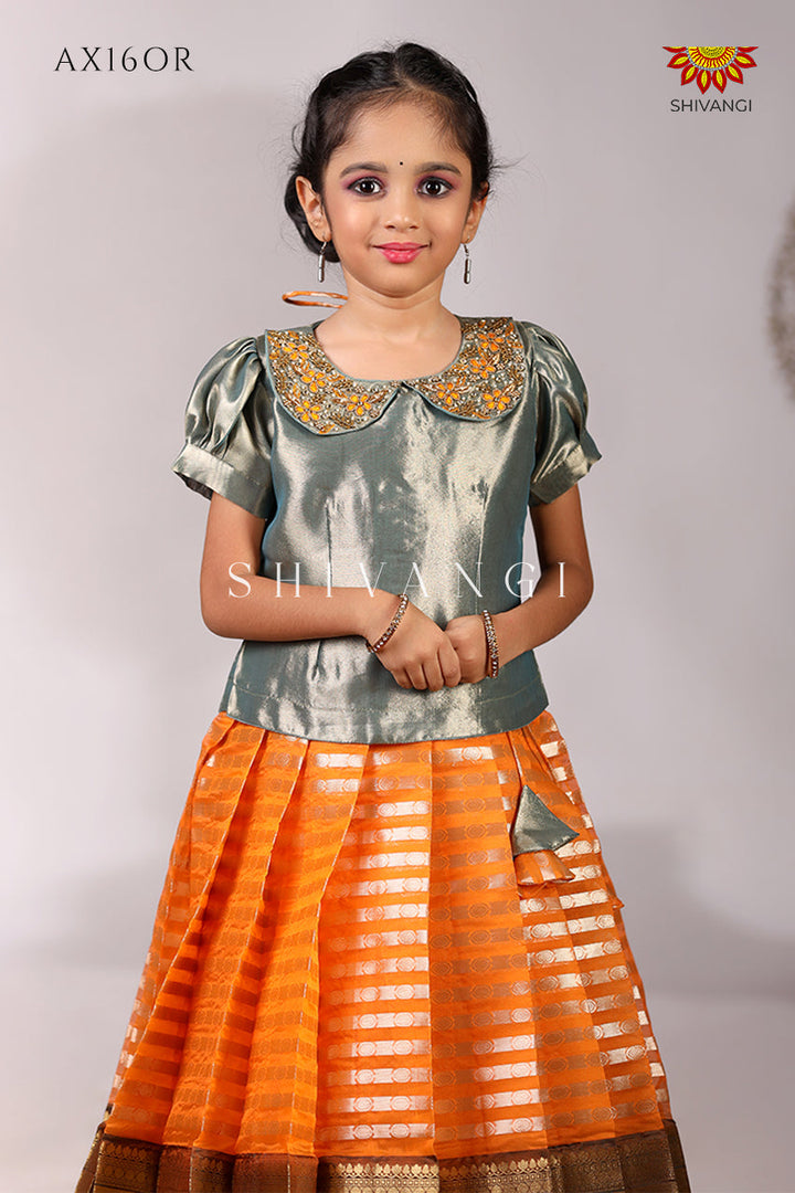 Orange Golden Pillar Pattu Pavadai Diwali Collection for Girls