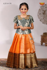 Orange Golden Pillar Pattu Pavadai Diwali Collection for Girls