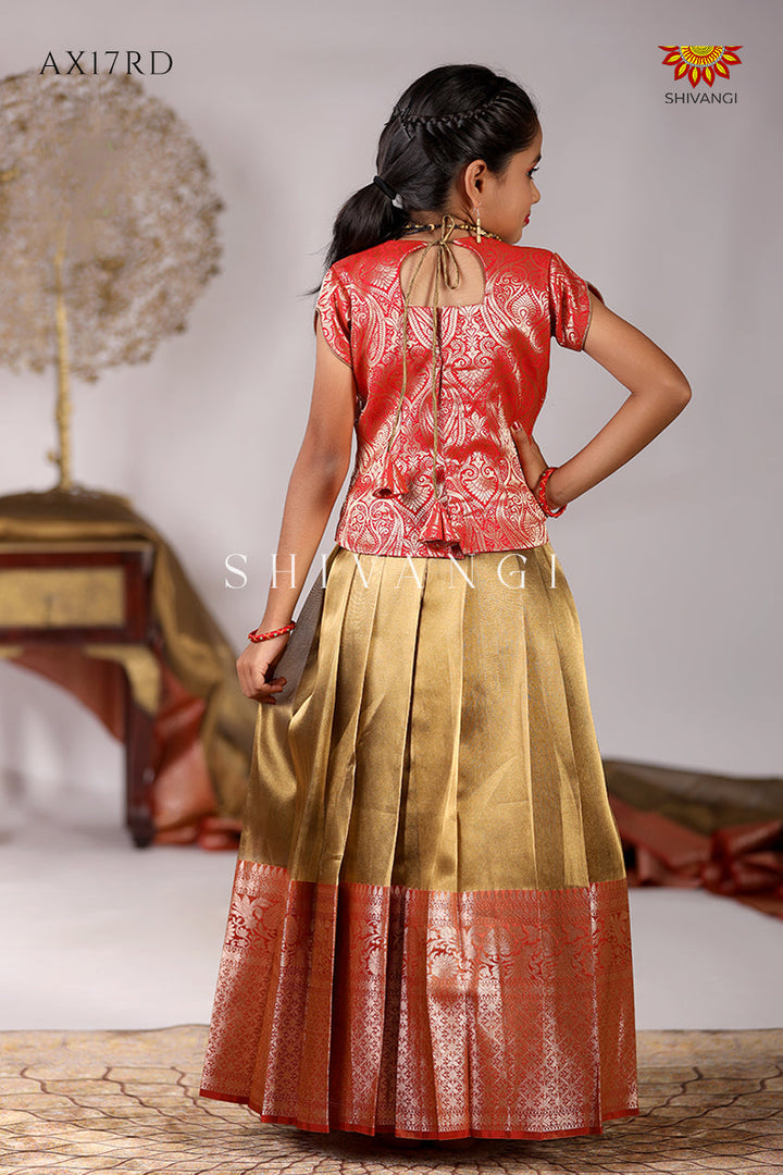 Girls Red Lighting Tissue Pattu Pavadai - Festive Wear