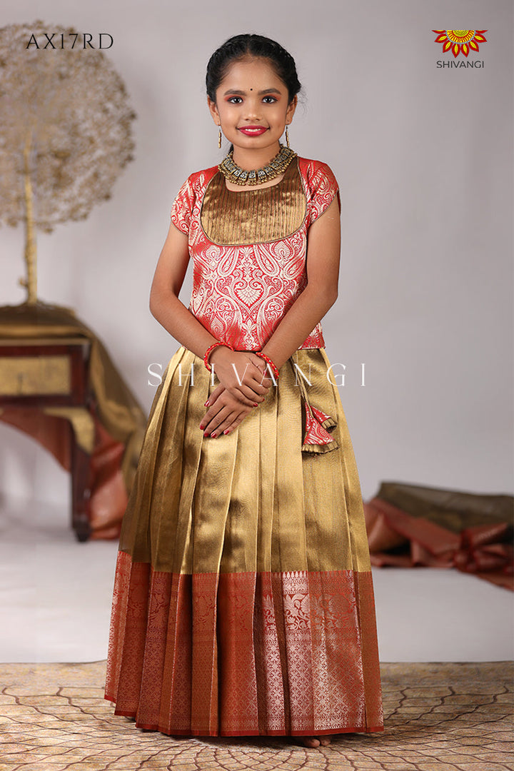 Girls Red Lighting Tissue Pattu Pavadai - Festive Wear