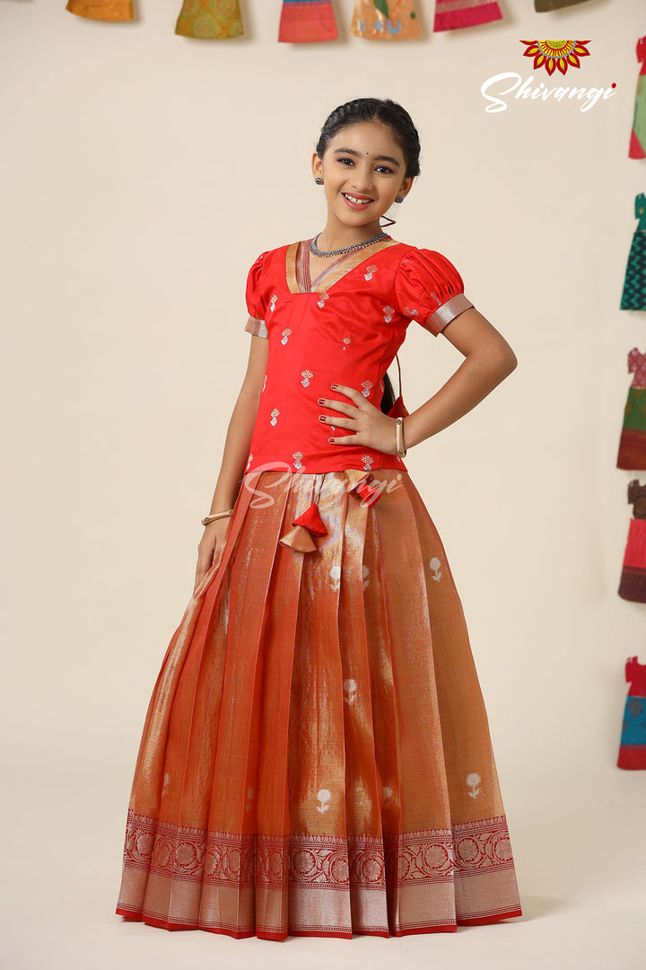 Girls Red Pavizha Malli Pattu Pavadai Designs