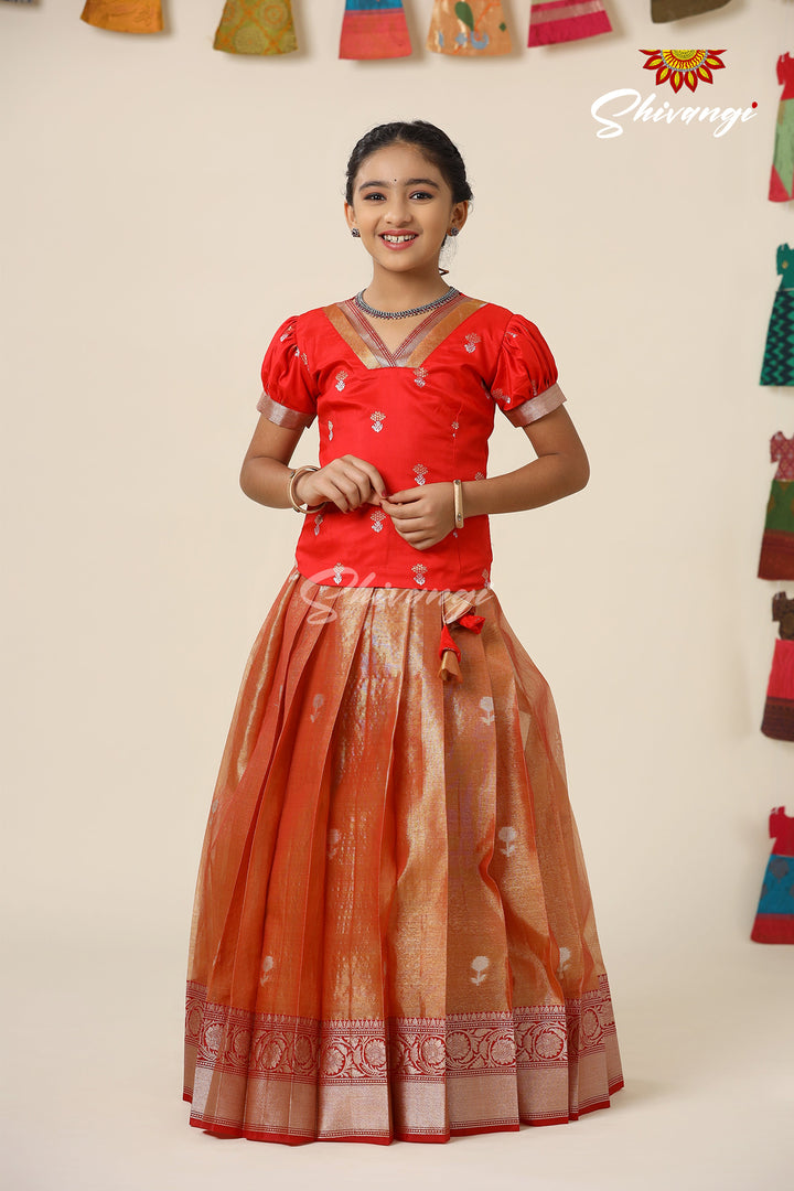 Girls Red Pavizha Malli Pattu Pavadai Designs