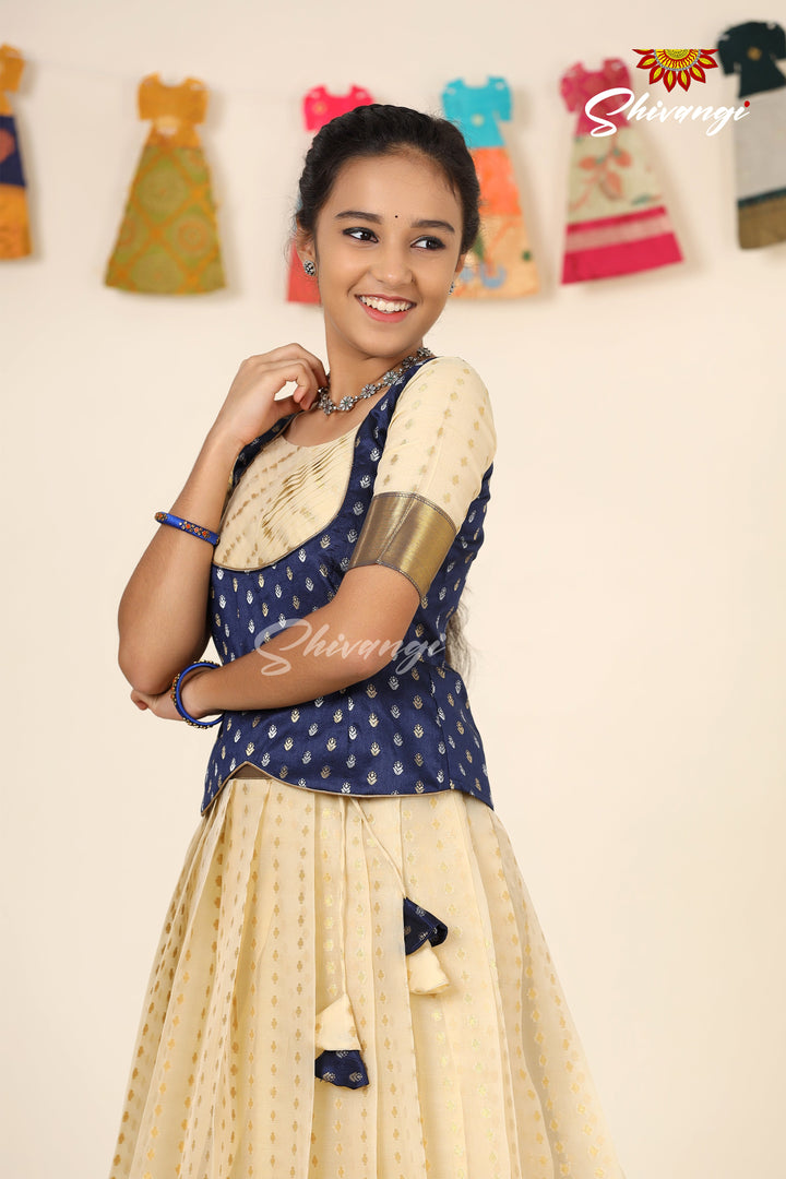 Silver Tulip Navy Blue Pattu Pavadai For Girls - Festive Wear!!!