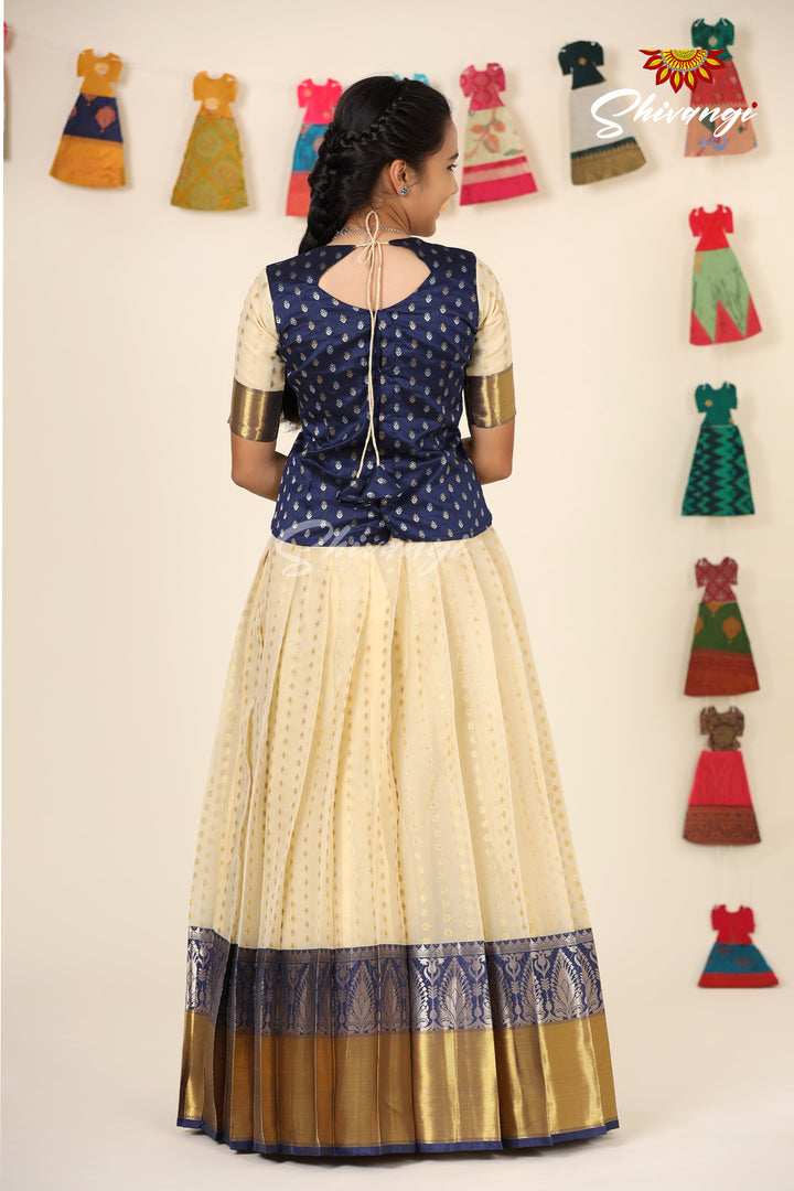 Silver Tulip Navy Blue Pattu Pavadai For Girls - Festive Wear!!!