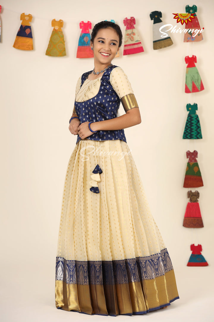 Silver Tulip Navy Blue Pattu Pavadai For Girls - Festive Wear!!!