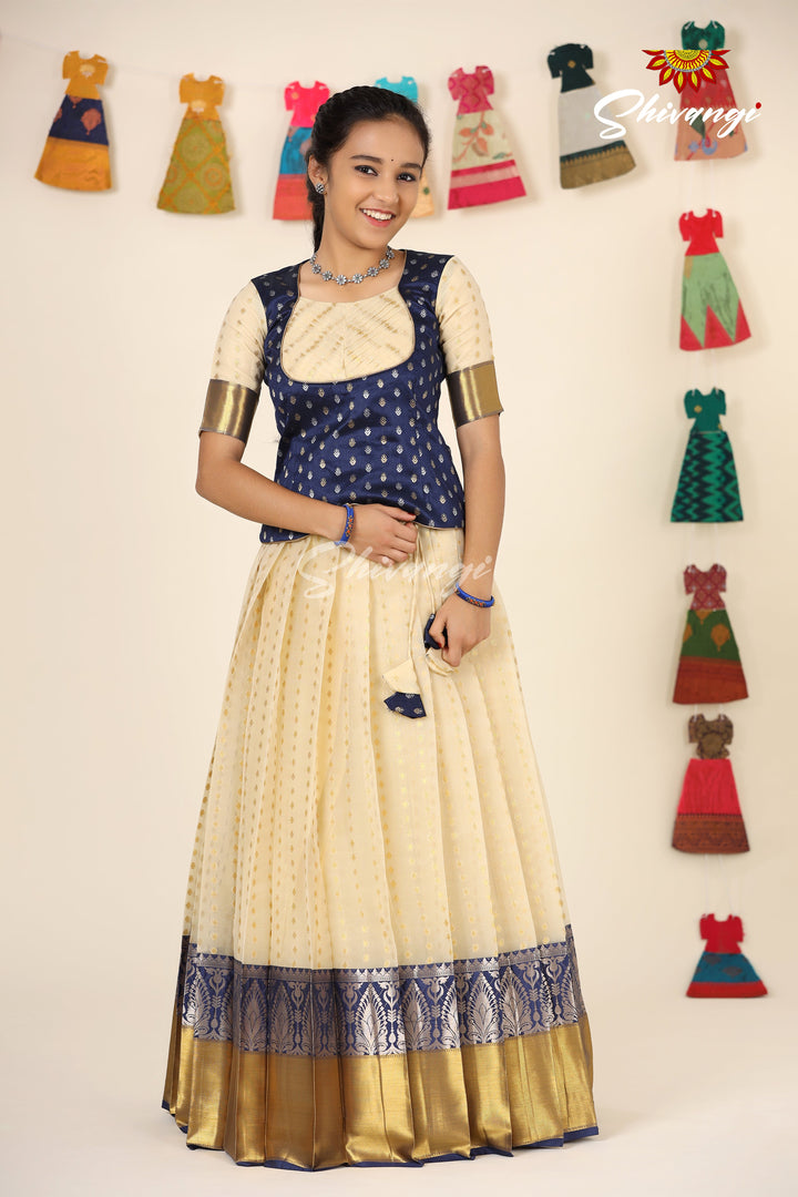Silver Tulip Navy Blue Pattu Pavadai For Girls - Festive Wear!!!