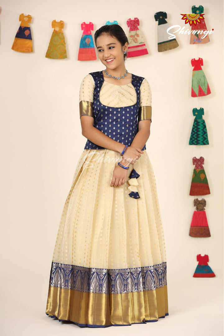 Silver Tulip Navy Blue Pattu Pavadai For Girls - Festive Wear!!!
