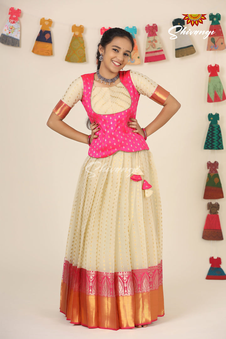 Silver Tulip Pink Pattu Pavadai For Girls - Festive Wear!!!