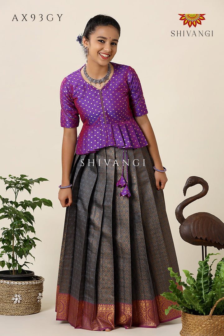 Festive Collection -  Grey Senkandhal Pavadai Sattai For Kids