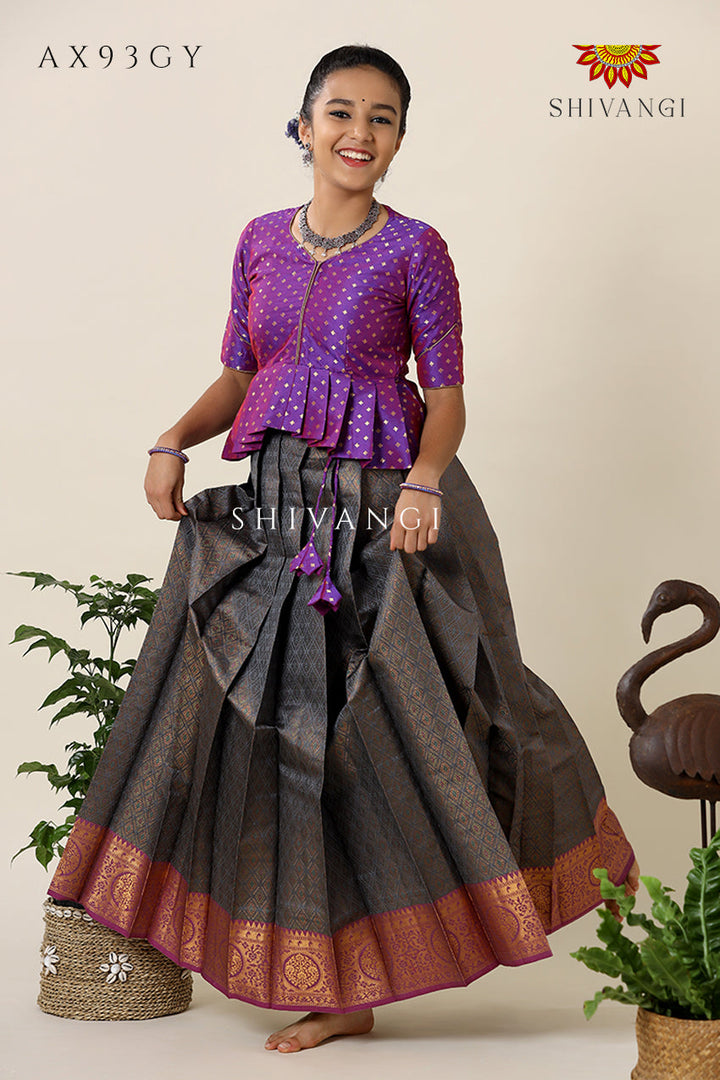 Festive Collection -  Grey Senkandhal Pavadai Sattai For Kids