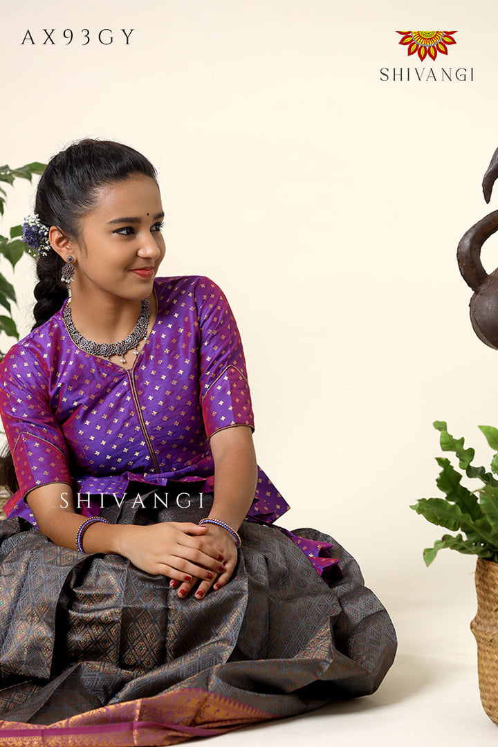 Festive Collection -  Grey Senkandhal Pavadai Sattai For Kids