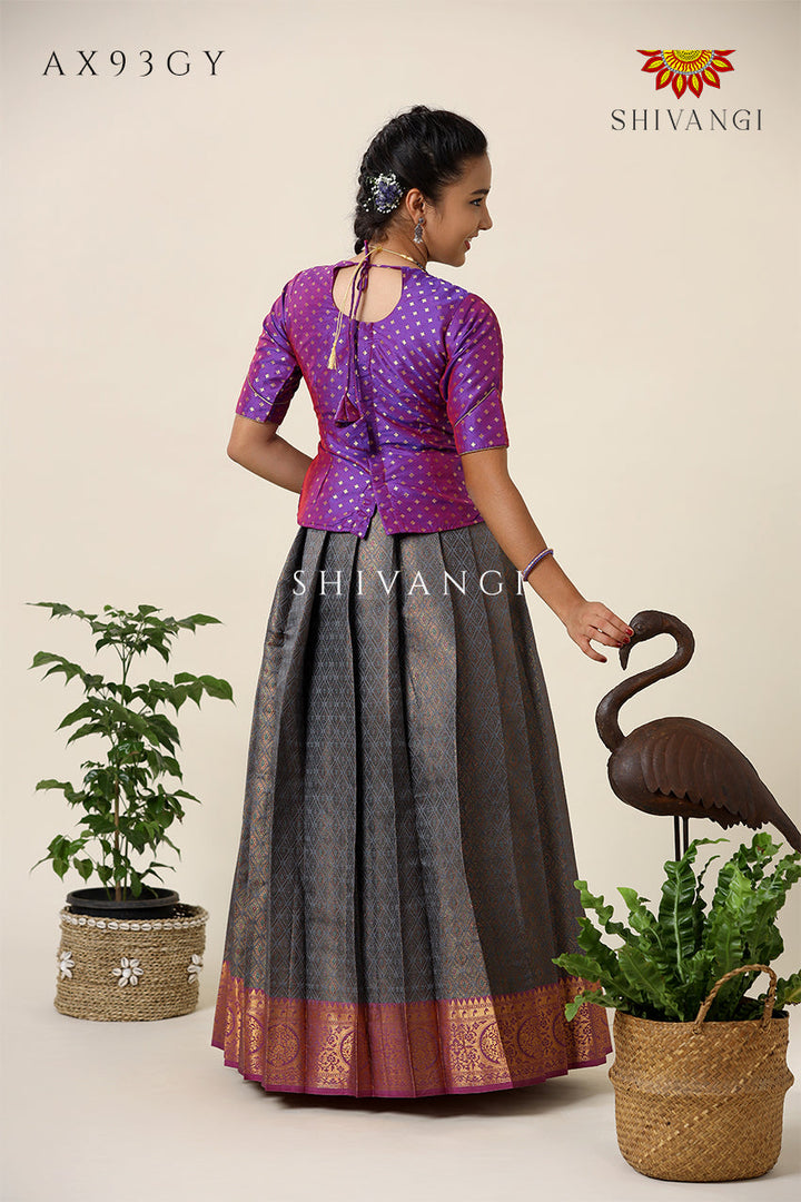 Festive Collection -  Grey Senkandhal Pavadai Sattai For Kids