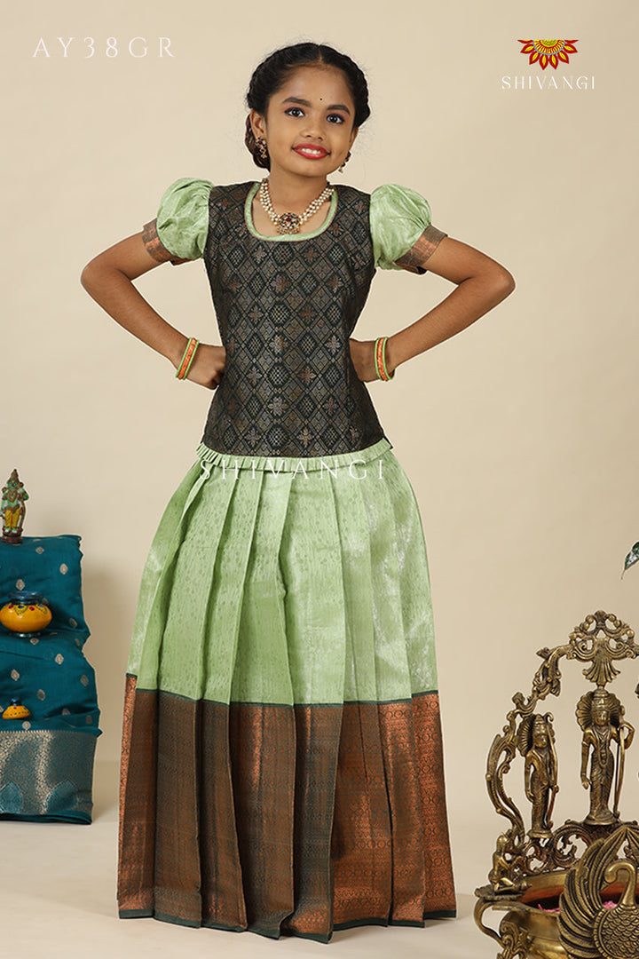 Green Bubble Grass  Pattu Pavadai For Girls - Festive Wear!!!