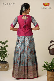 Satin Rose Bunch Pattu Pavadai For Girls Grey- Festive Wear!!!