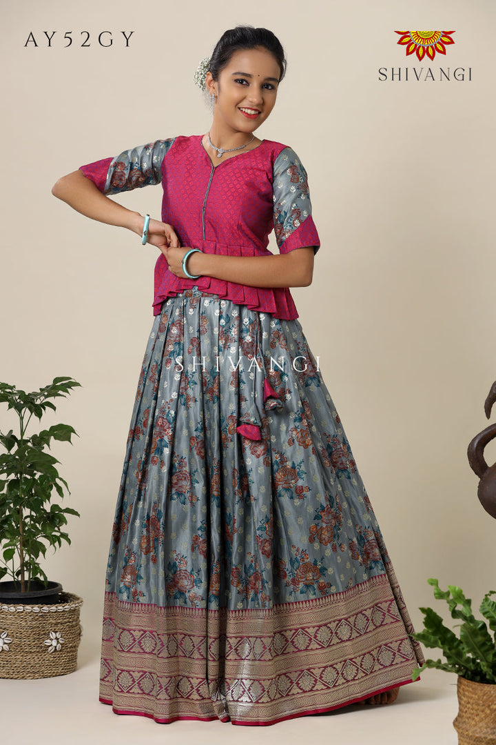 Satin Rose Bunch Pattu Pavadai For Girls Grey- Festive Wear!!!